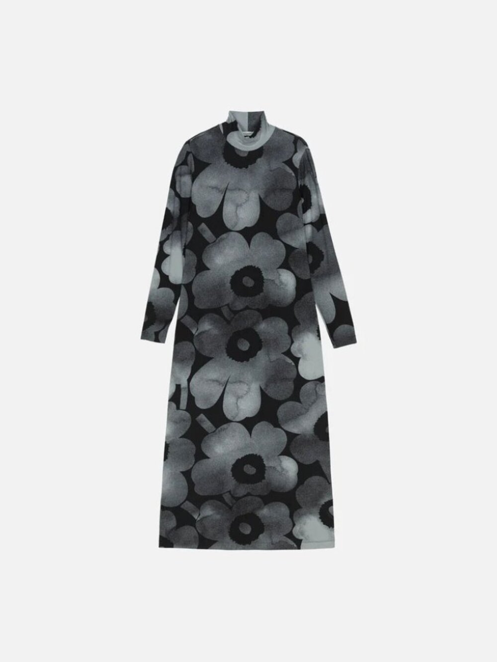 Marimekko Oivi Akvarelli Unikko dress gray black maxi mock neck L Large NWT